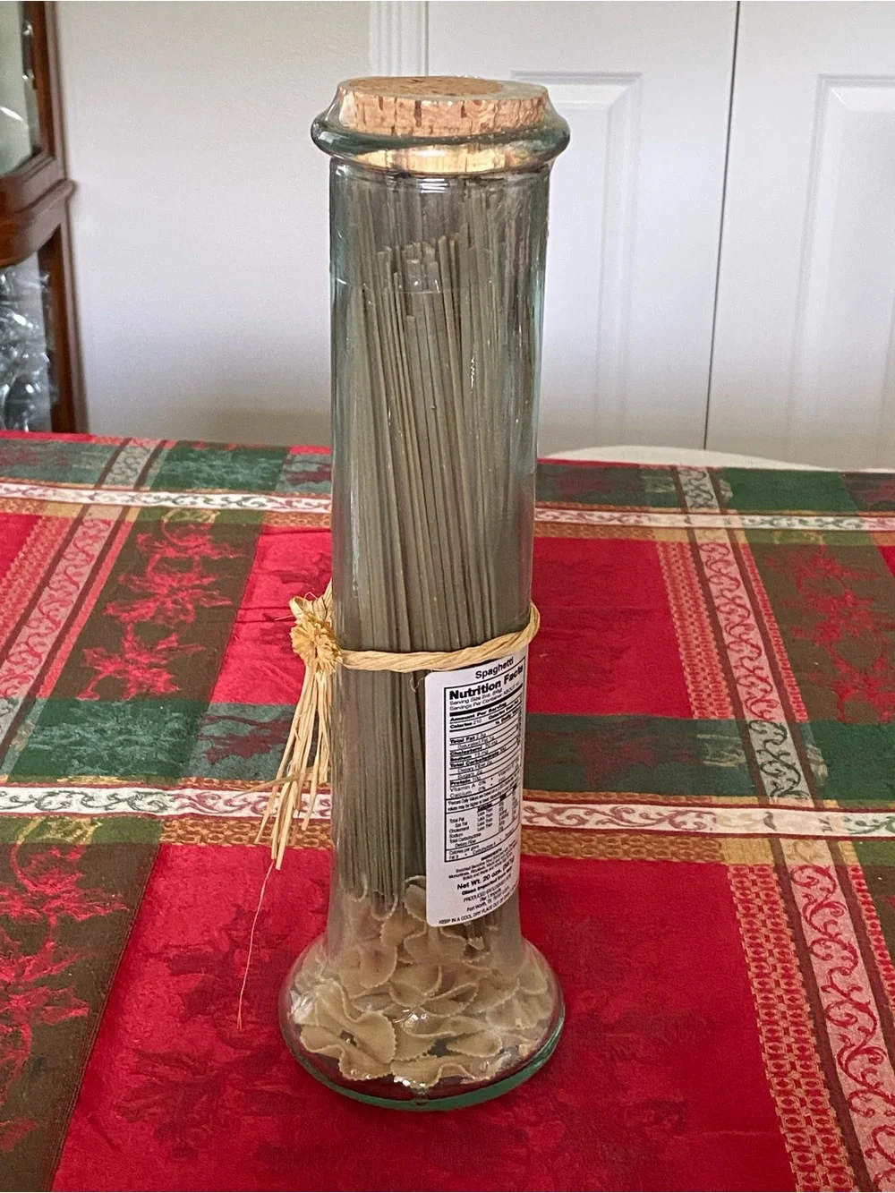 Vintage Pier 1 Green Glass Spaghetti Pasta Storage Jar Natural Raffia Accent New